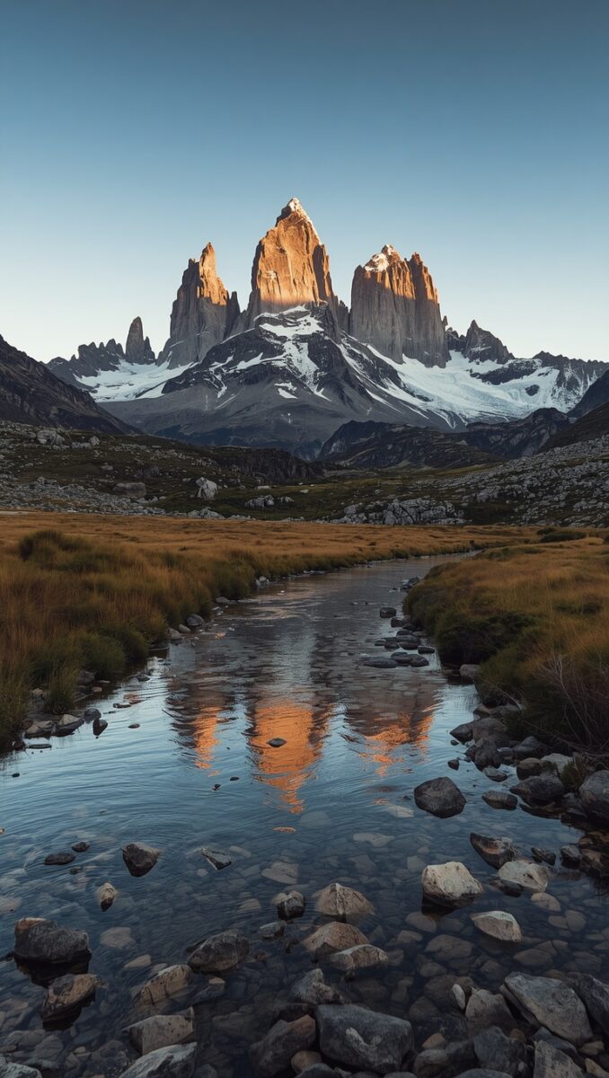 Dramatic granite peaks of Torres del Paine reflected in a clear rocky stream surrounded by golden grasslands at golden hour