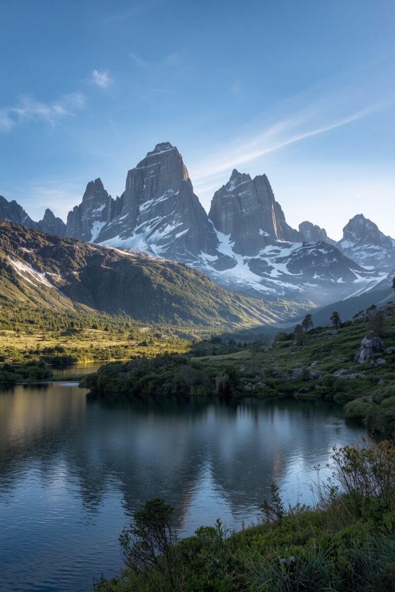 Dramatic granite mountain peaks with snow patches reflecting in a calm alpine lake surrounded by green forest