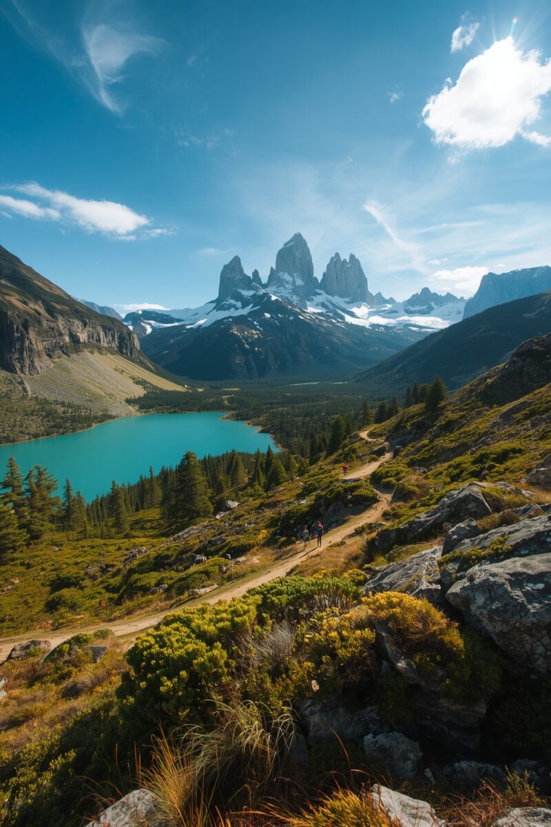 Hikers on a winding trail beside a turquoise glacial lake with dramatic jagged snow-capped mountain peaks in Patagonia