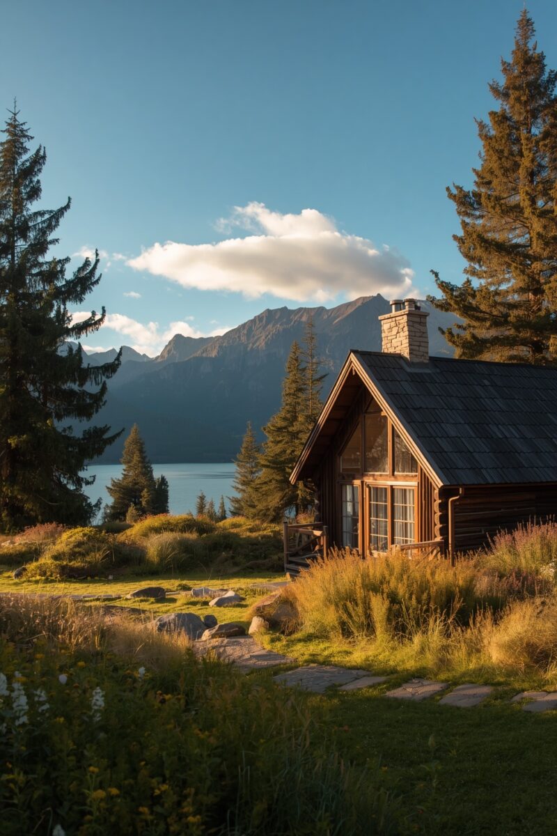 Rustic log cabin with stone chimney nestled among pine trees beside a mountain lake at golden hour
