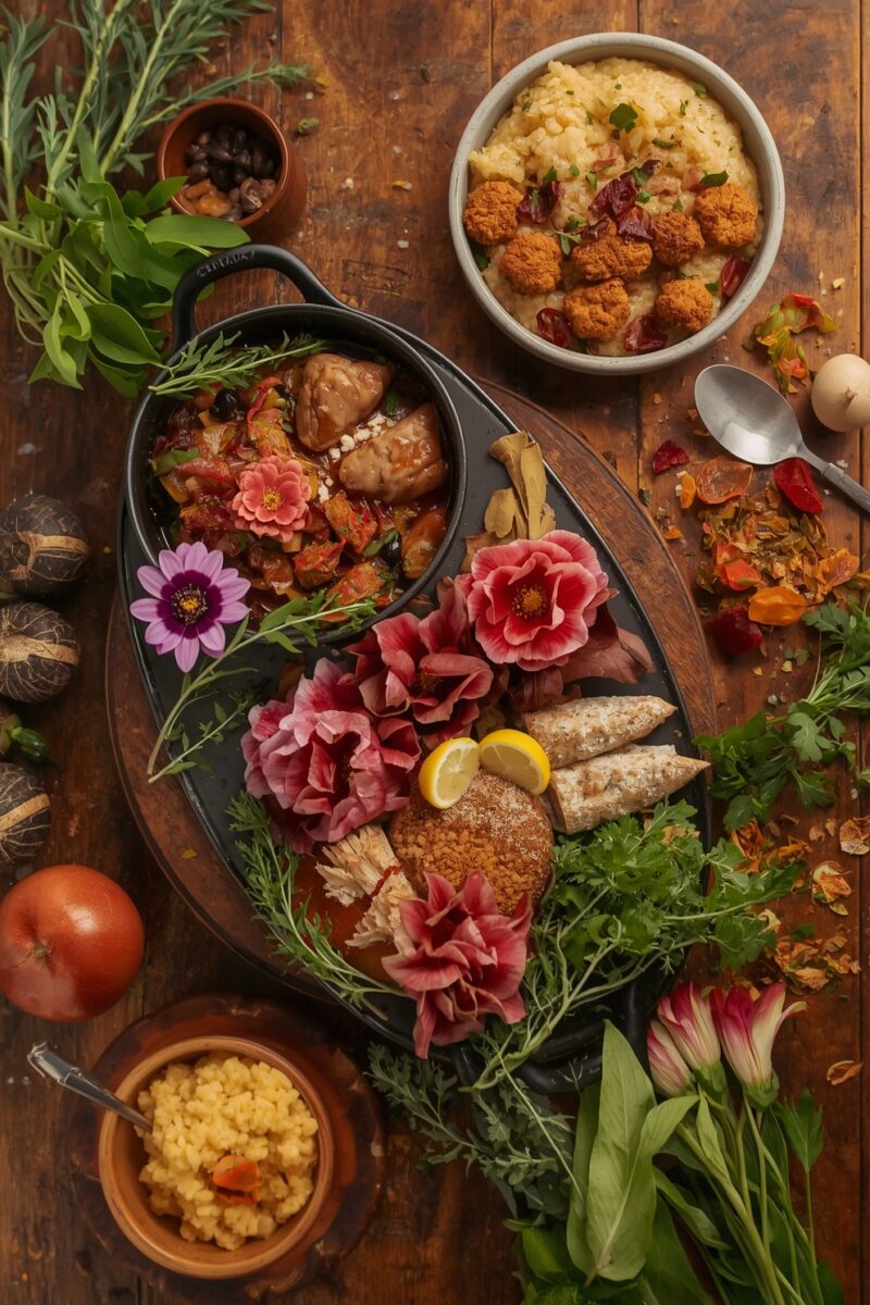 Rustic food spread with braised meat stew, roasted cauliflower grits, breaded fish, edible flowers, and fresh herbs on wooden table