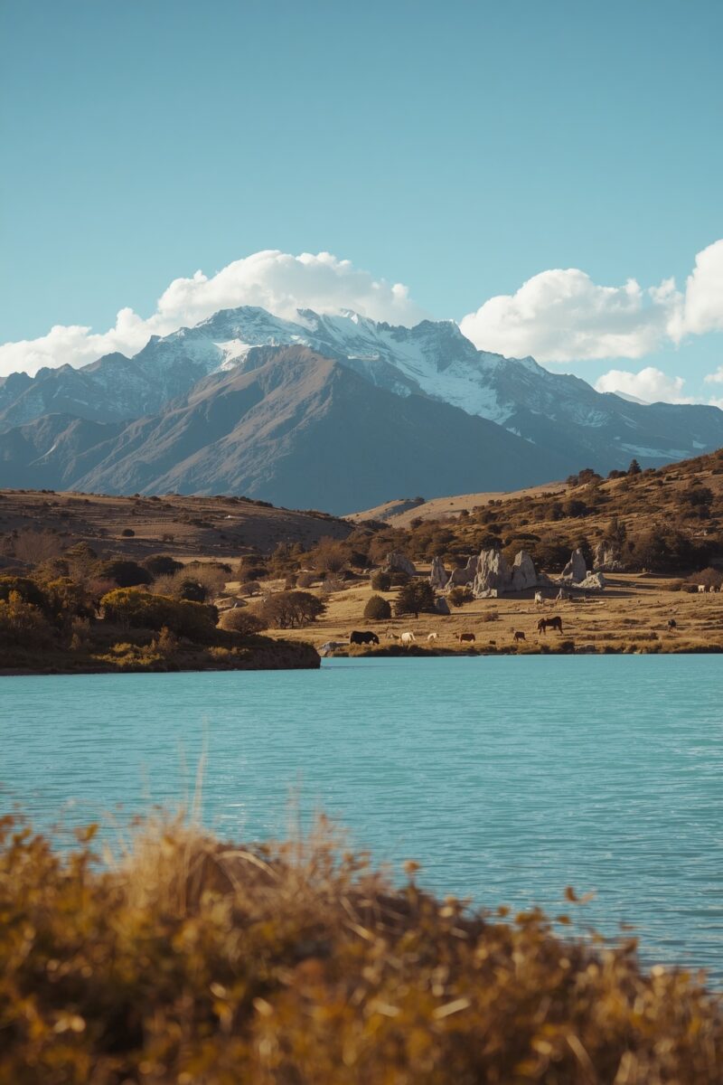 Turquoise glacial lake with horses grazing on shore, dramatic snow-capped mountains and blue sky in background