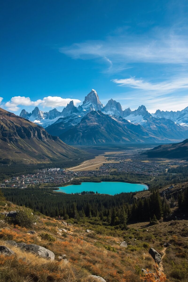 Aerial view of turquoise glacial lake and mountain town nestled in Patagonian valley with snow-capped peaks
