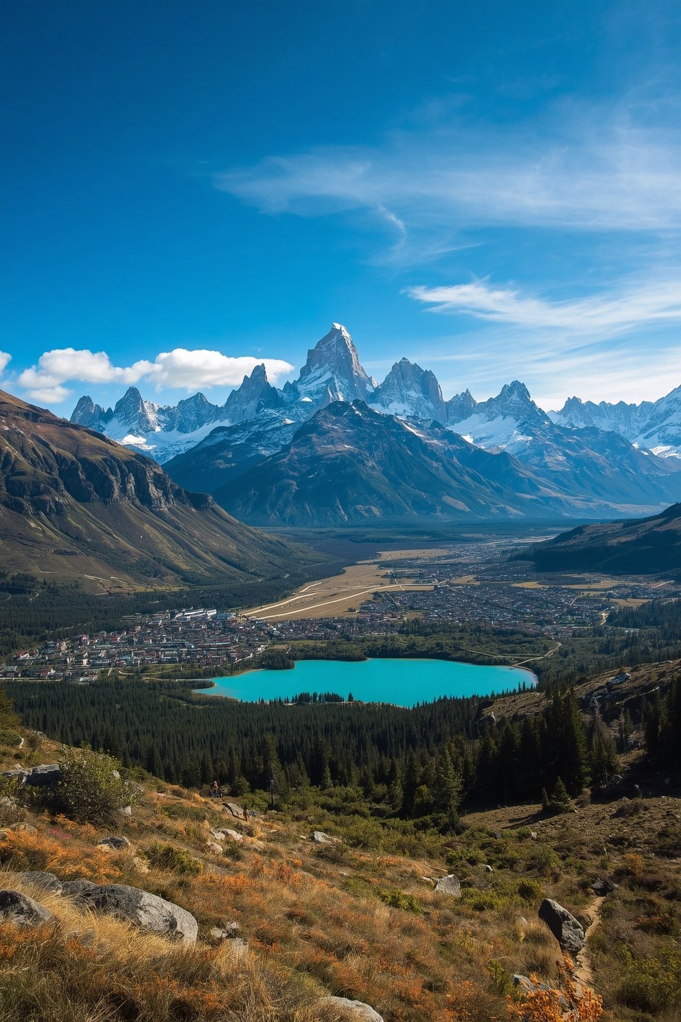 Aerial view of turquoise glacial lake and mountain town nestled in Patagonian valley with snow-capped peaks