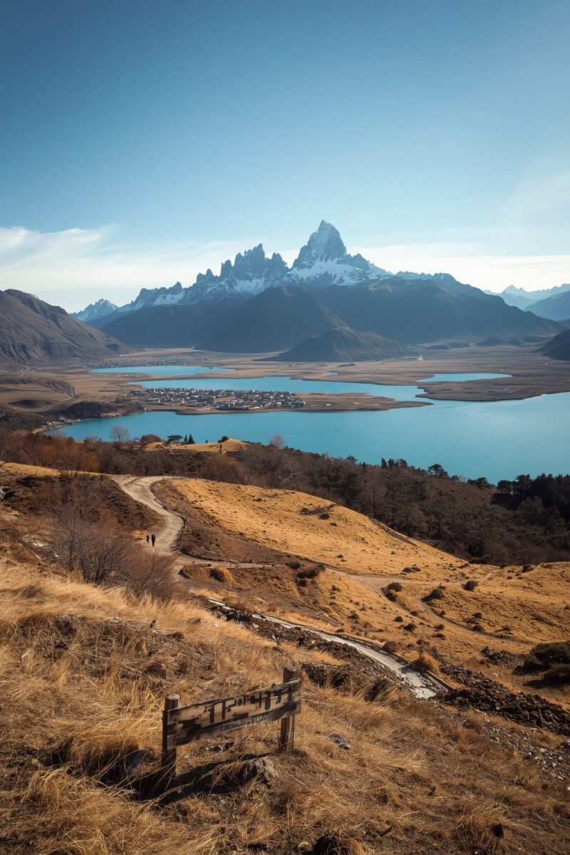 Panoramic mountain landscape with turquoise lake, remote village, winding trail, and snow-capped jagged peaks under blue sky