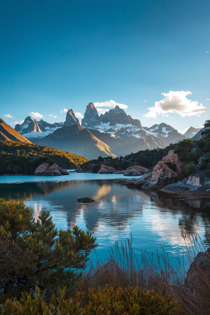 Calm alpine lake reflecting snow-capped jagged mountain peaks with rocky shores and shrubs in Patagonia