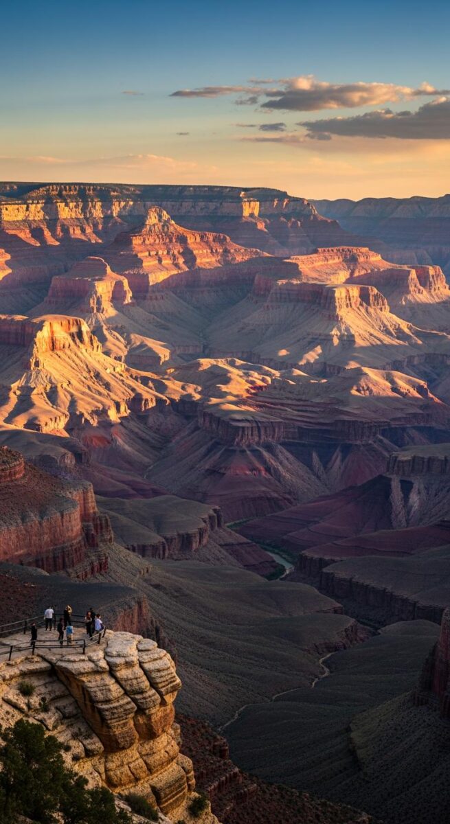 Tourists standing at a Grand Canyon overlook at sunset with layered red rock formations and Colorado River below