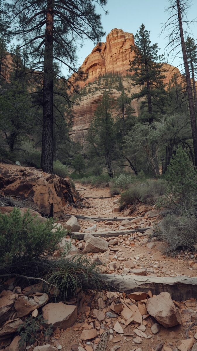 Rocky hiking trail winding through pine trees toward towering red sandstone cliffs in a Southwest canyon landscape