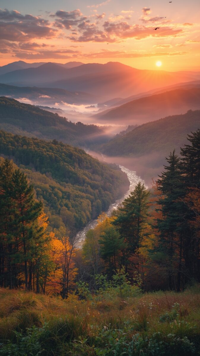 Aerial view of misty mountain valley with winding river, autumn foliage, and vibrant orange sunset sky