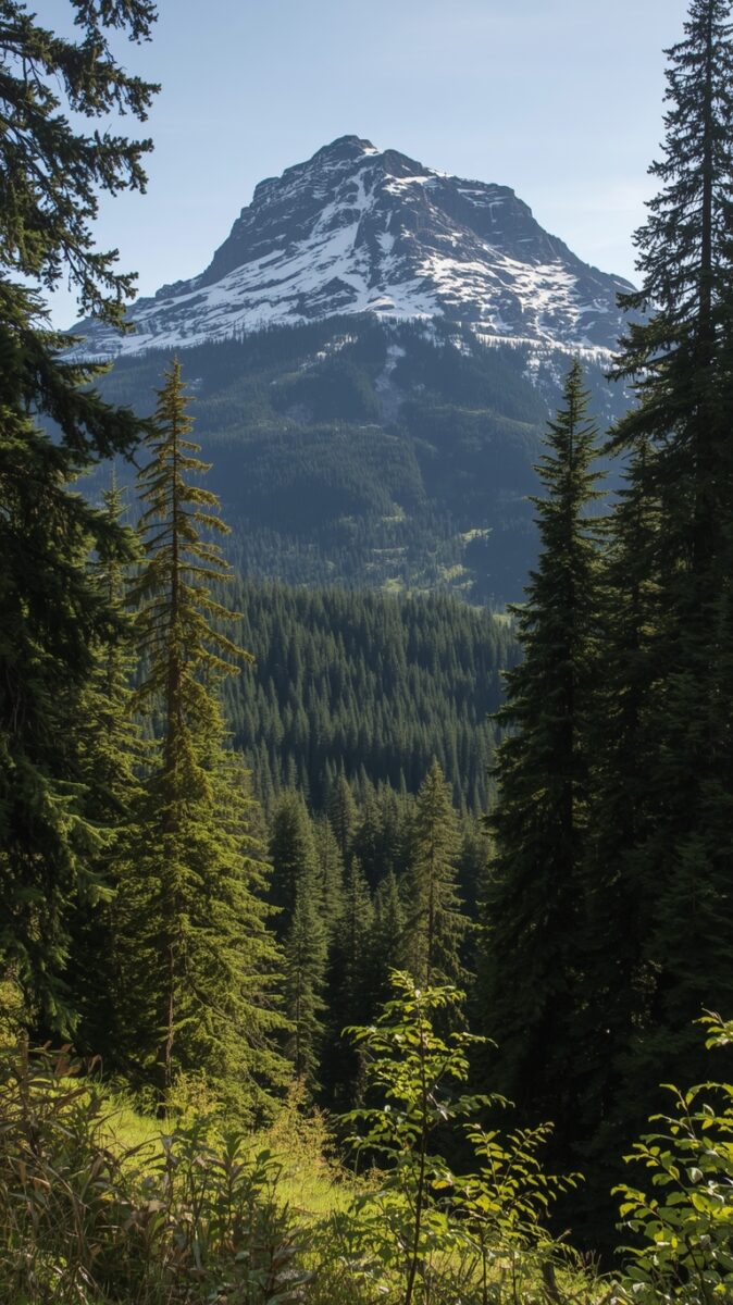 Snow-capped mountain peak framed by tall evergreen pine trees with lush green forest valley below