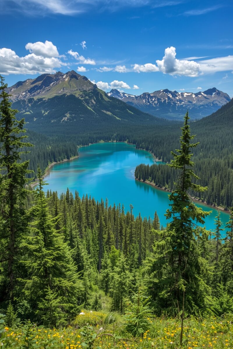 Turquoise mountain lake surrounded by dense evergreen forest with snow-capped peaks under blue sky