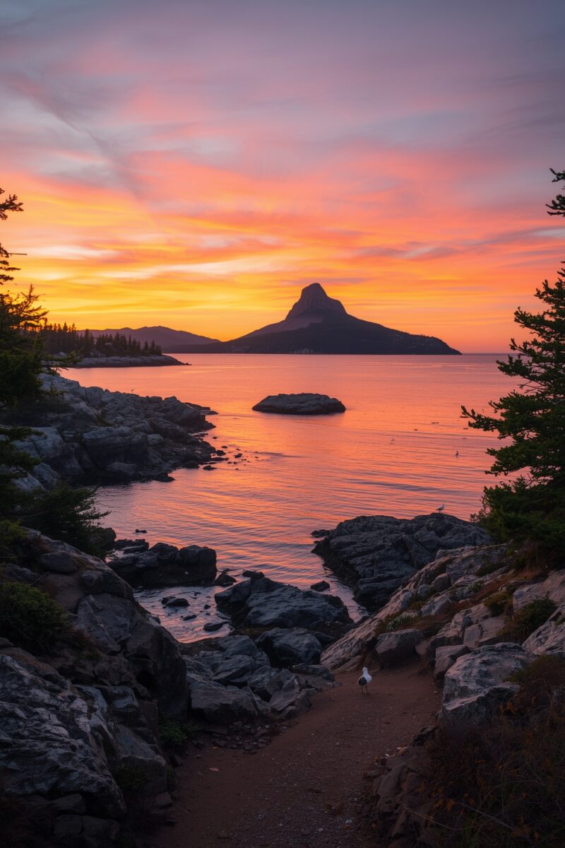 Vibrant orange and pink sunset over calm coastal waters with rocky shoreline, pine trees, and silhouetted mountain peak