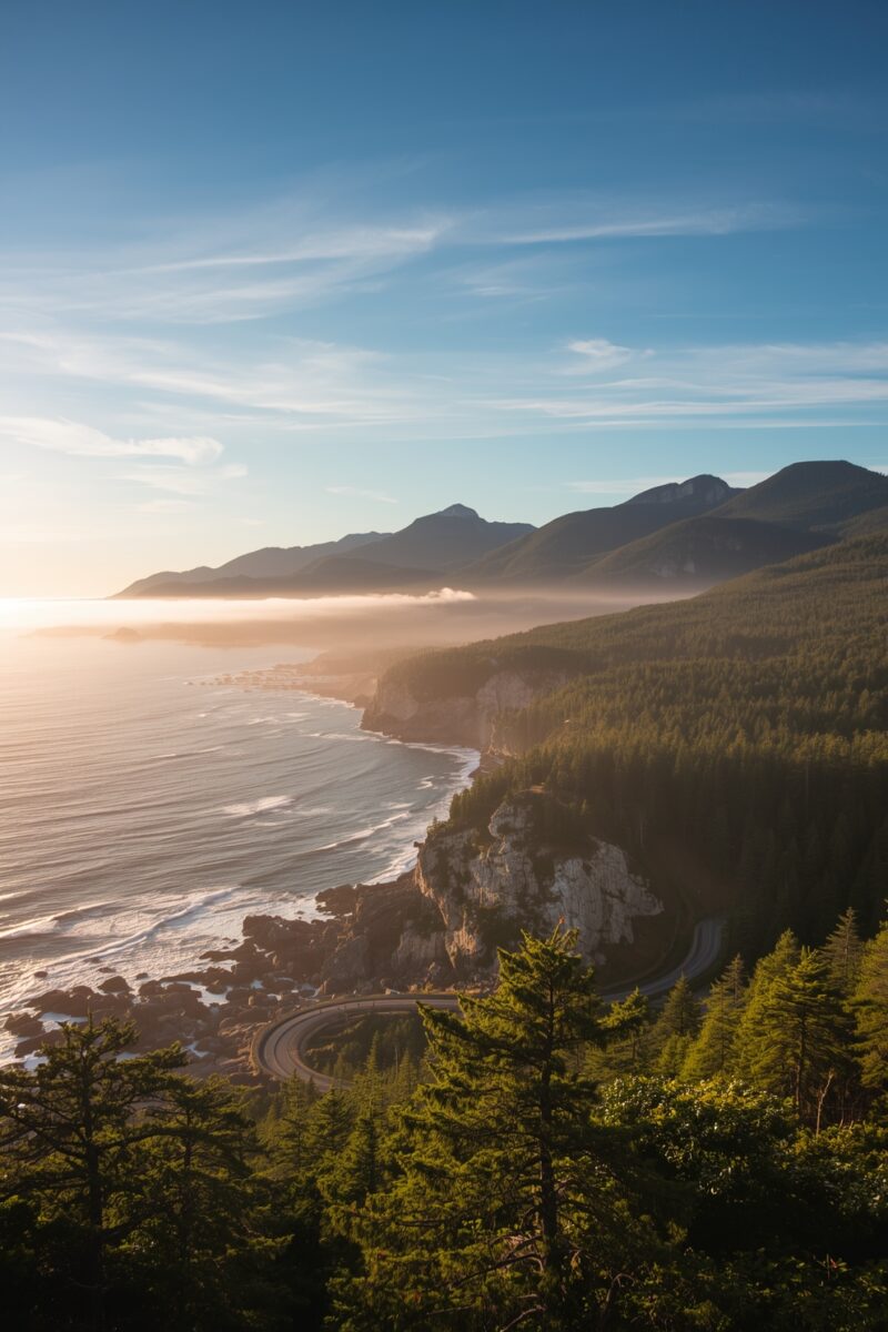 Aerial view of a rocky Pacific coastline at golden hour with misty mountains, evergreen forest, and a winding coastal highway