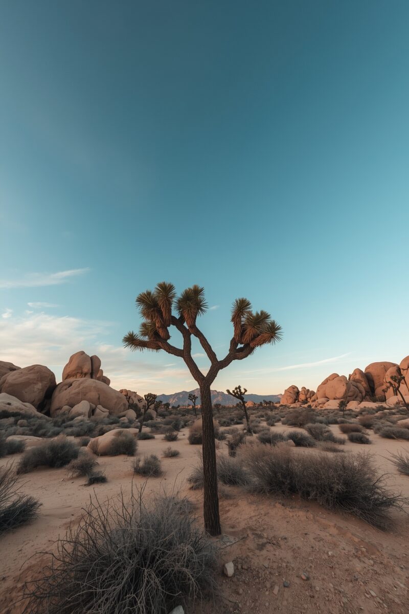 Lone Joshua tree standing in desert landscape with large boulder formations and clear blue sky at Joshua Tree National Park