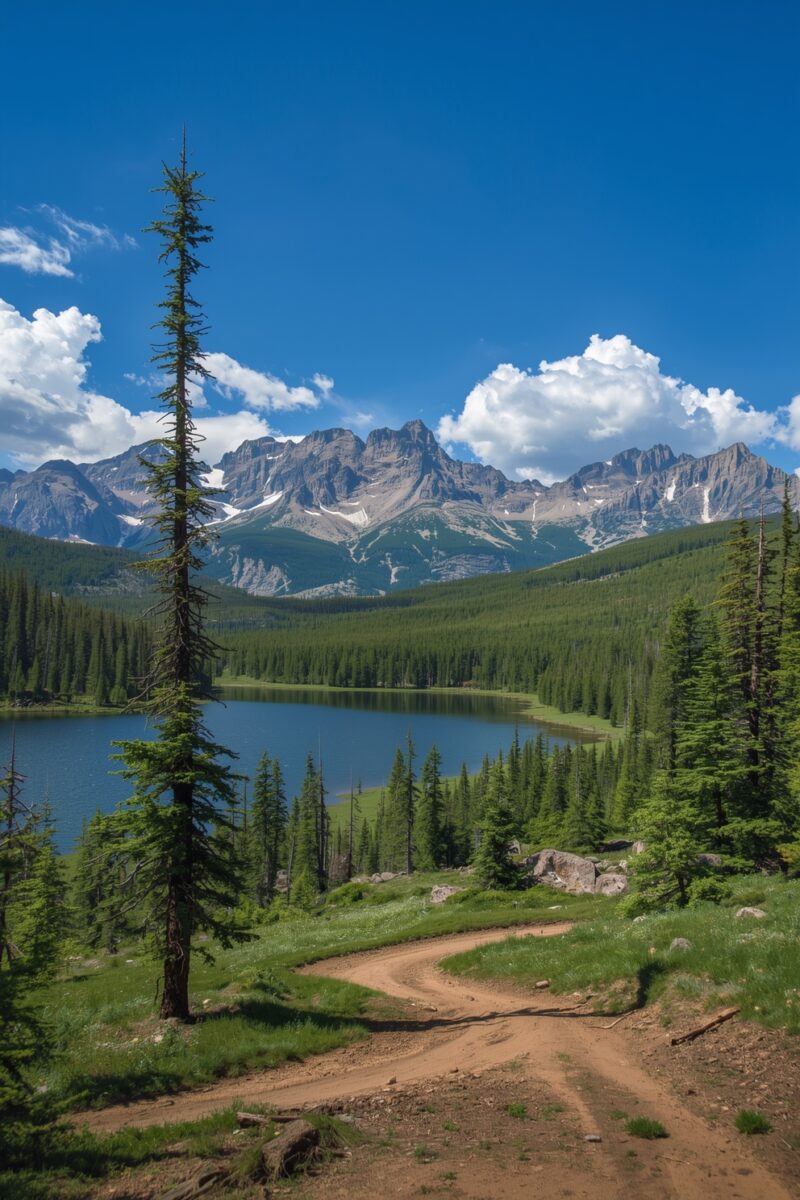 Mountain lake surrounded by pine forest with snow-capped peaks and a dirt trail in the foreground under blue sky