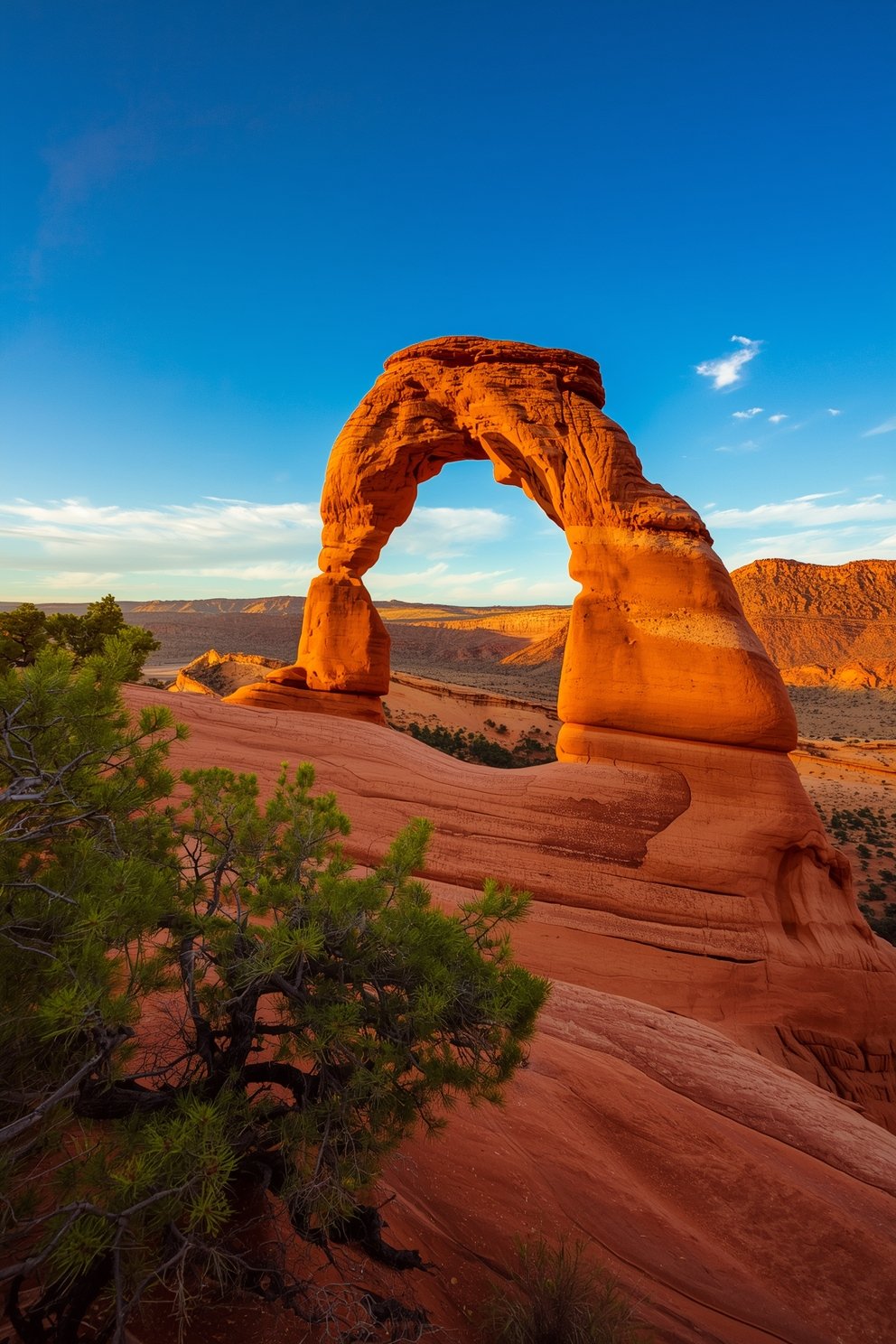 Delicate Arch sandstone formation glowing orange at sunset in Arches National Park, Utah, with blue sky backdrop