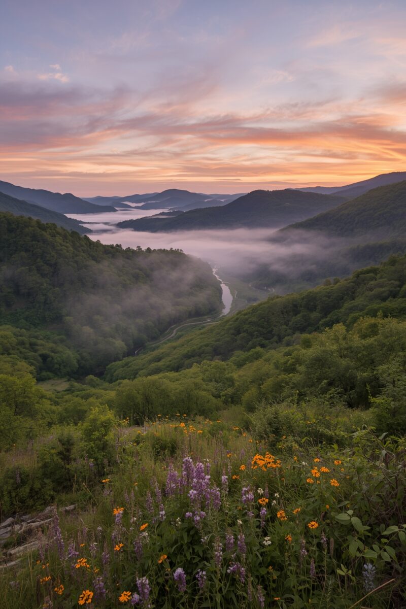 Misty mountain valley at sunset with wildflowers in foreground, fog-filled river valley, and colorful pink sky