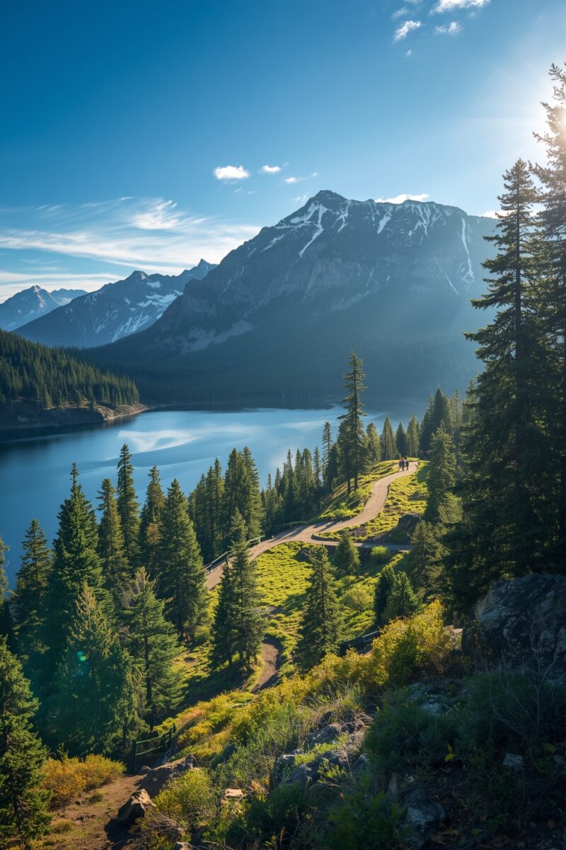 Winding trail along a blue alpine lake surrounded by evergreen trees with snow-capped mountains in the background