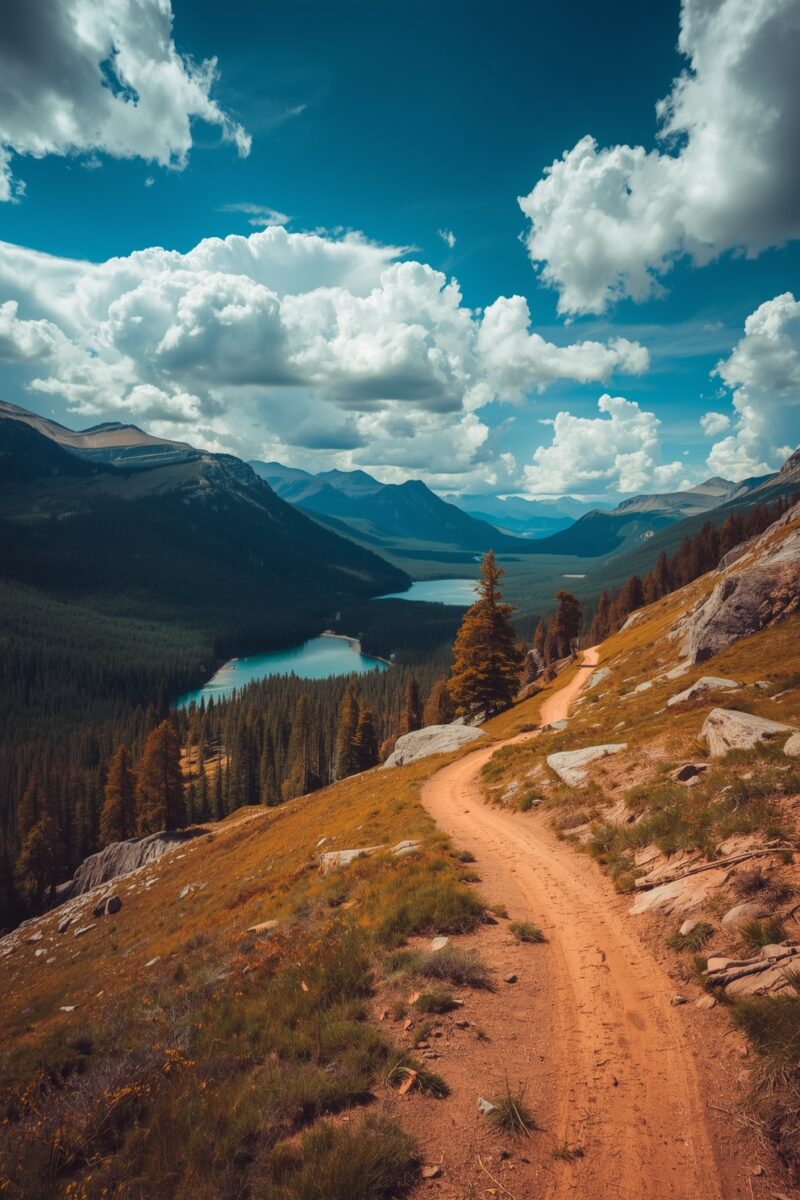 Winding dirt trail descending mountain slope overlooking turquoise lake surrounded by pine forest and peaks