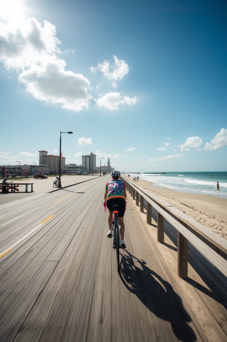 Cyclist in colorful jersey riding along a wooden beachfront boardwalk on a sunny day with ocean views