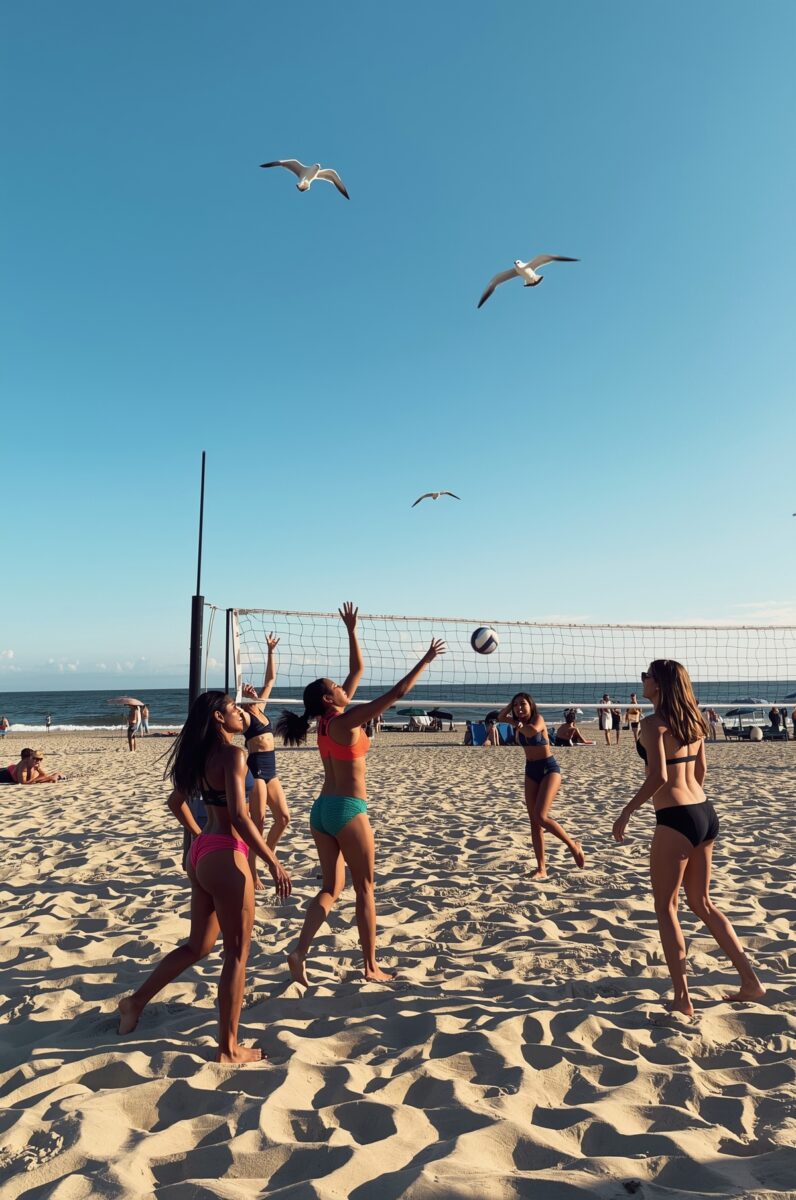 Group of women in bikinis playing beach volleyball near a net on a sunny sandy beach with seagulls flying overhead