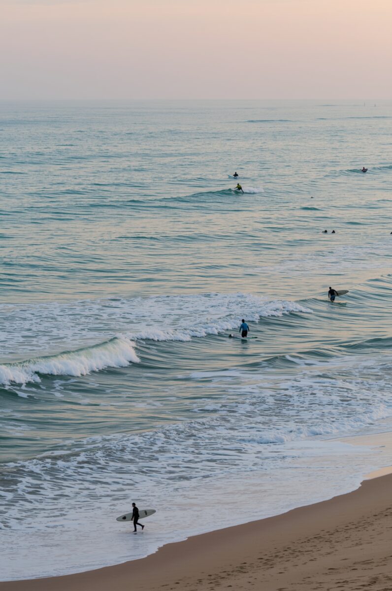 Surfers riding waves at a sandy beach during golden hour with calm turquoise ocean water