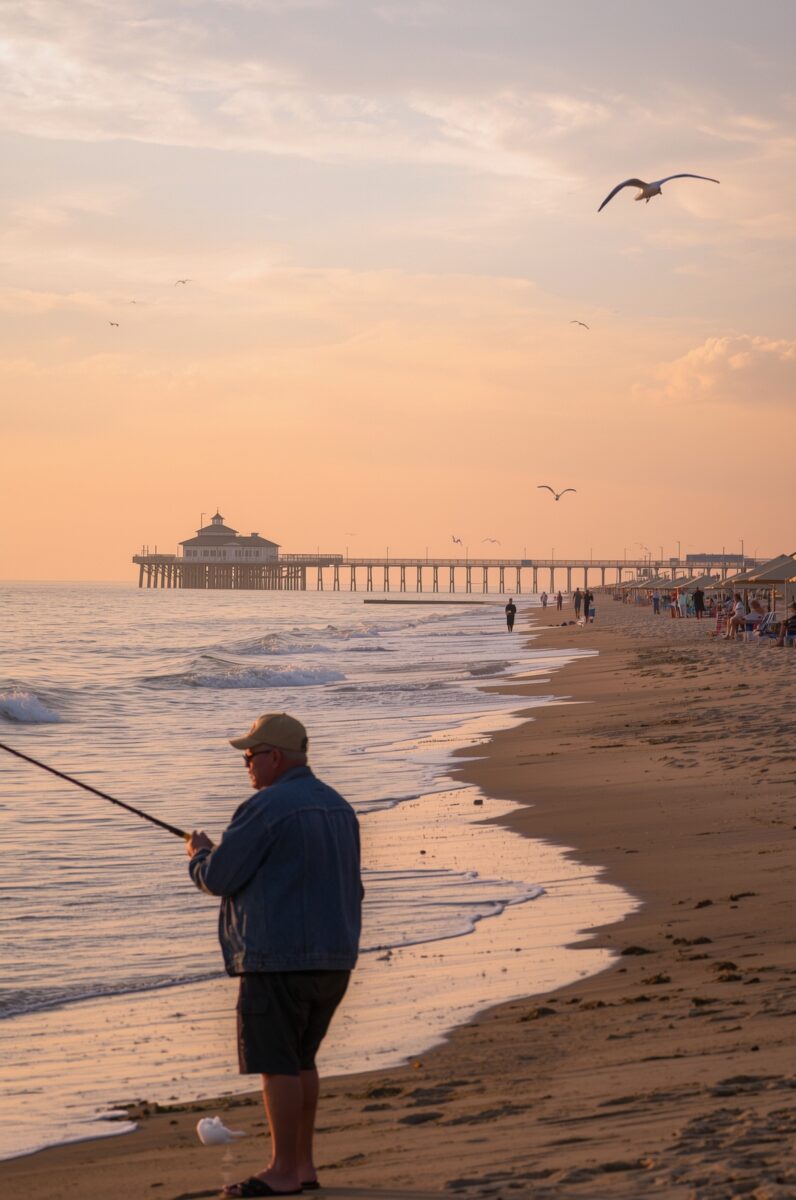 Man surf fishing on a sandy beach at sunset with a historic pier and seagulls in the warm golden background