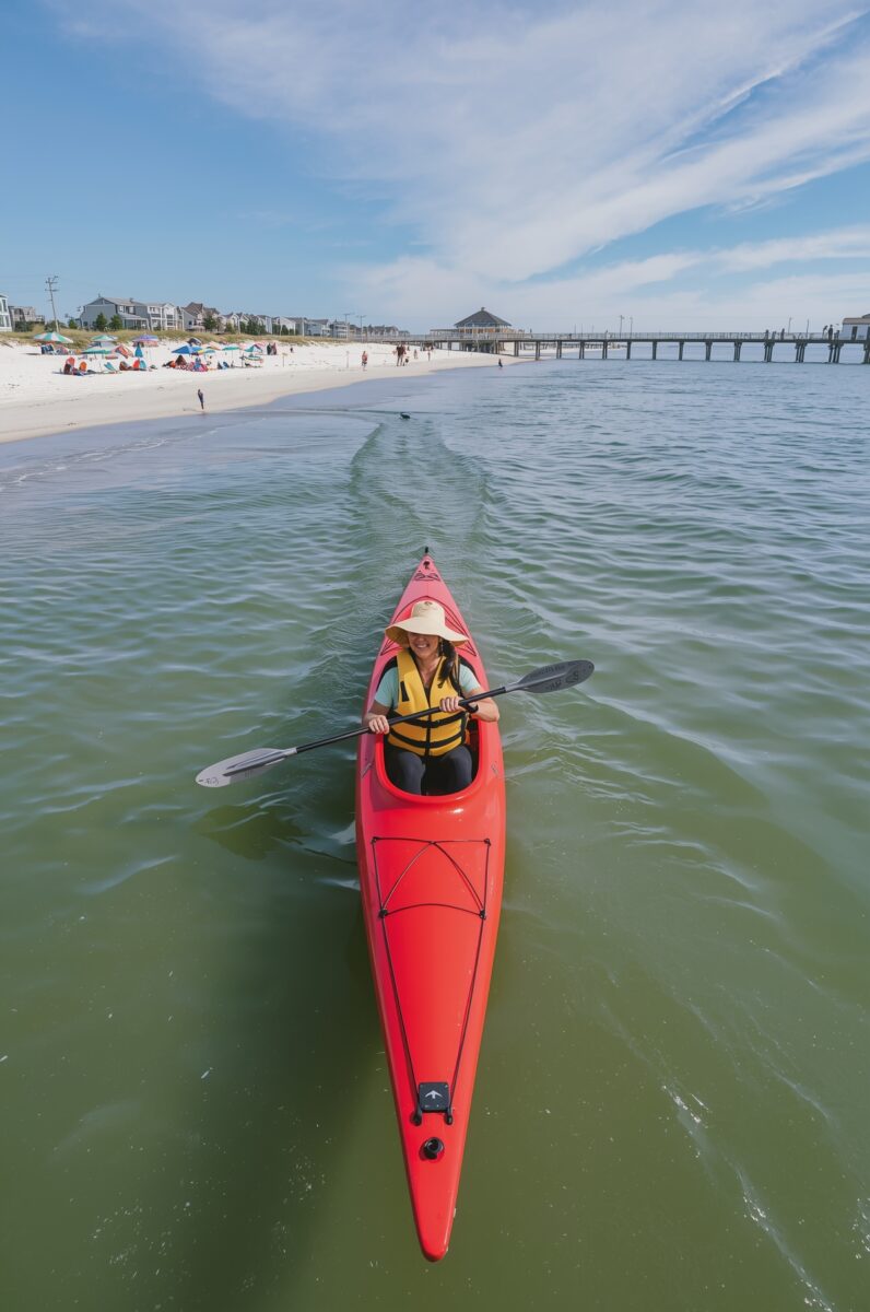 Woman in yellow life vest and sun hat paddling a red kayak on calm coastal waters near a sandy beach and pier