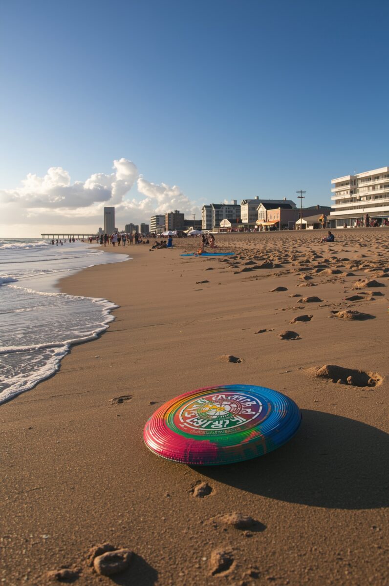 Colorful rainbow frisbee resting on sandy beach with ocean waves, boardwalk buildings, and blue sky in background