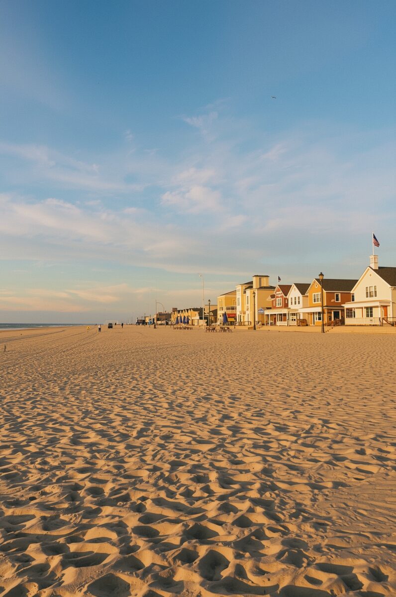 Wide sandy beach at golden hour with coastal shops and American flag along a quiet East Coast beachfront