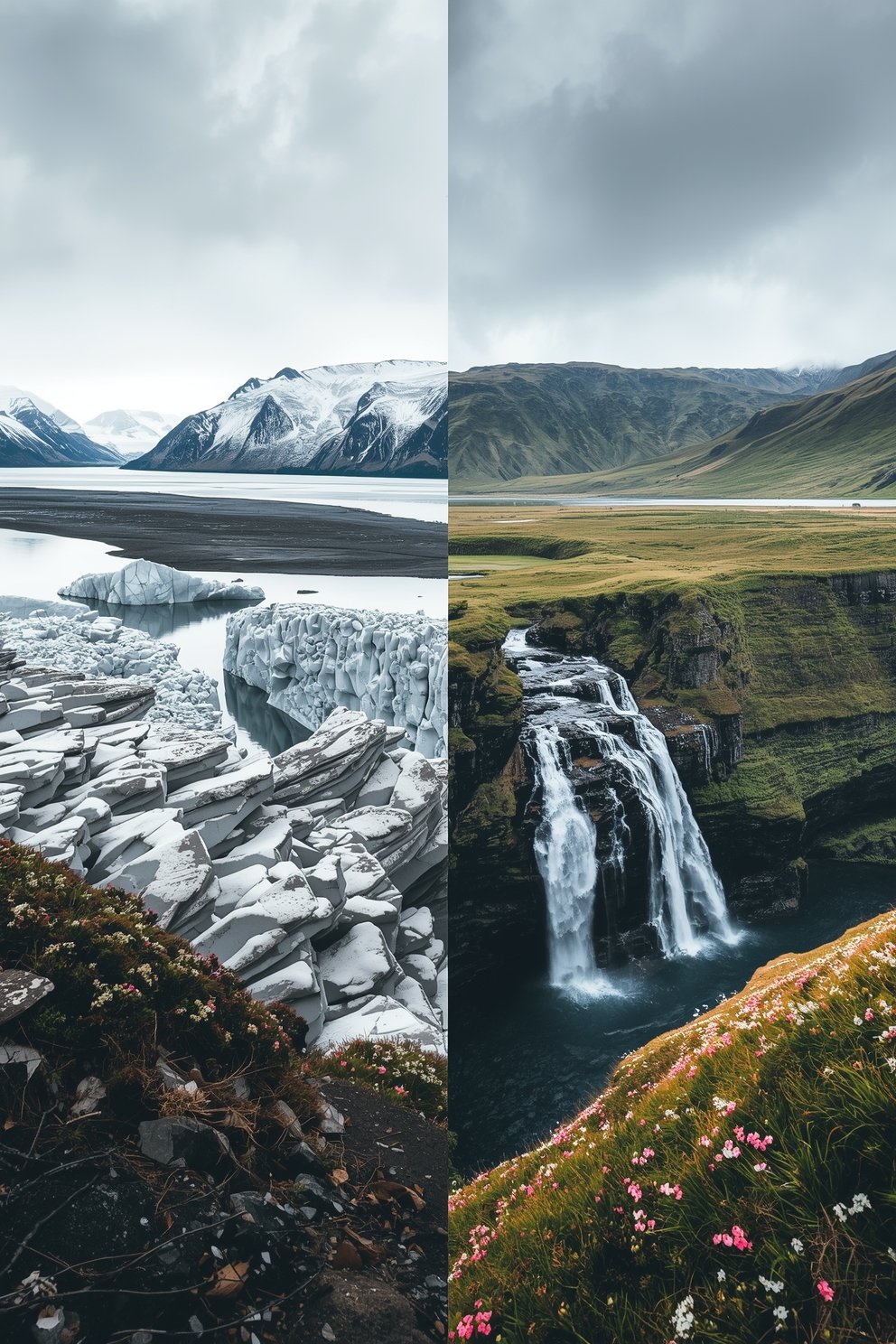 Split image contrasting Icelandic glacier with broken ice chunks and snow-capped mountains versus a lush green valley with cascading waterfall and wildflowers