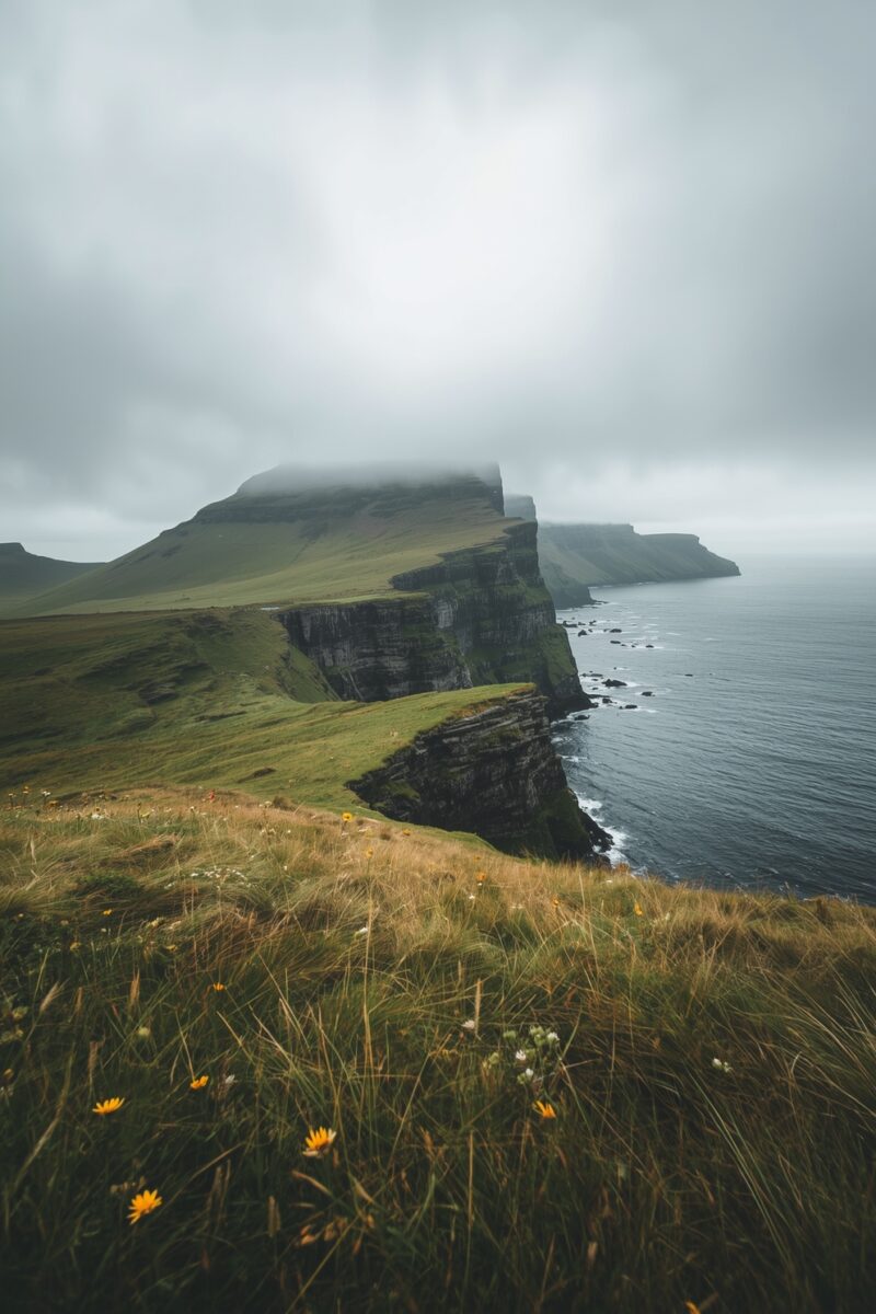 Dramatic coastal cliffs with green grass, yellow wildflowers, and dark ocean under moody overcast skies