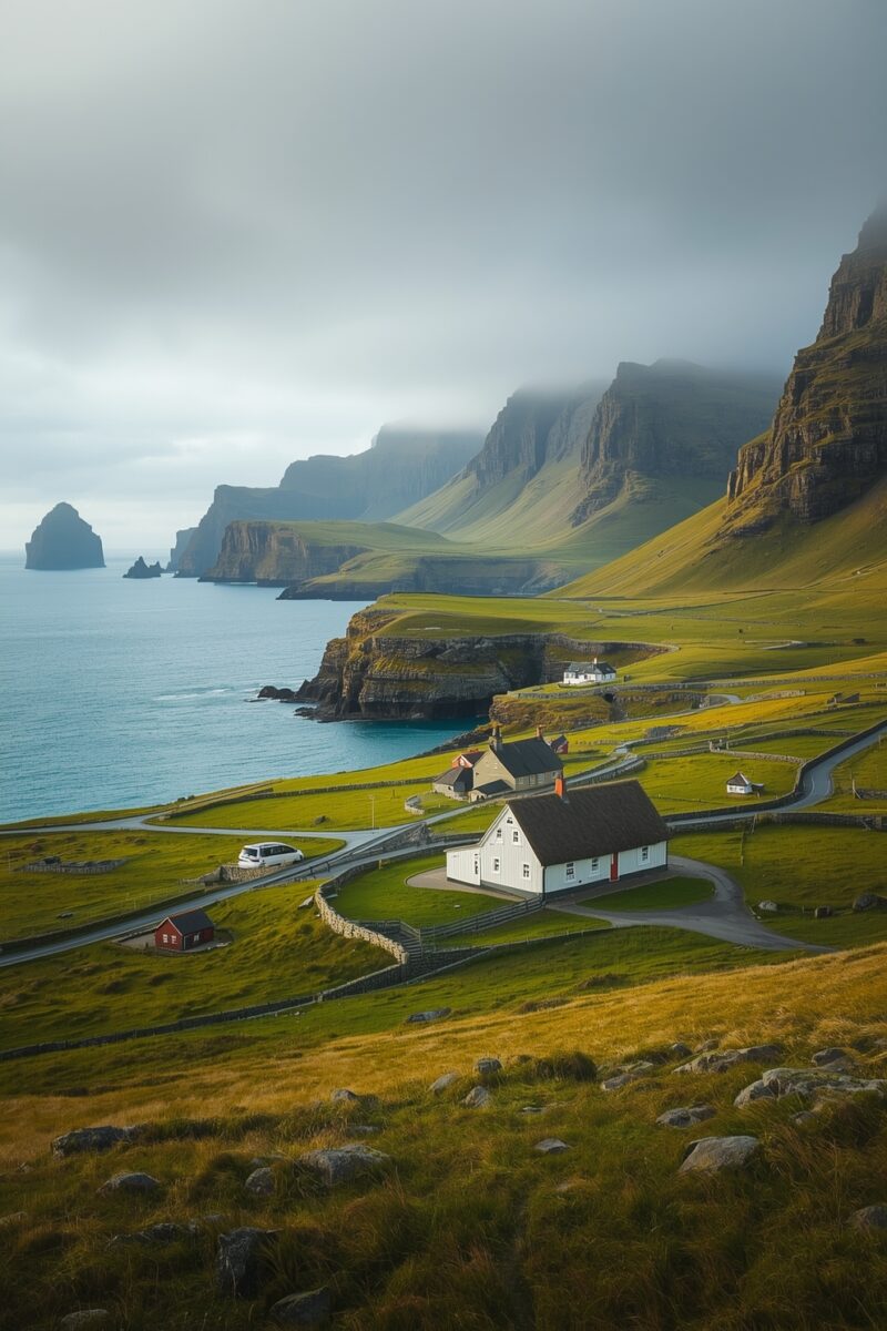 Faroe Islands coastal village with white Nordic house, winding roads, green cliffs, and dramatic Atlantic Ocean sea stacks