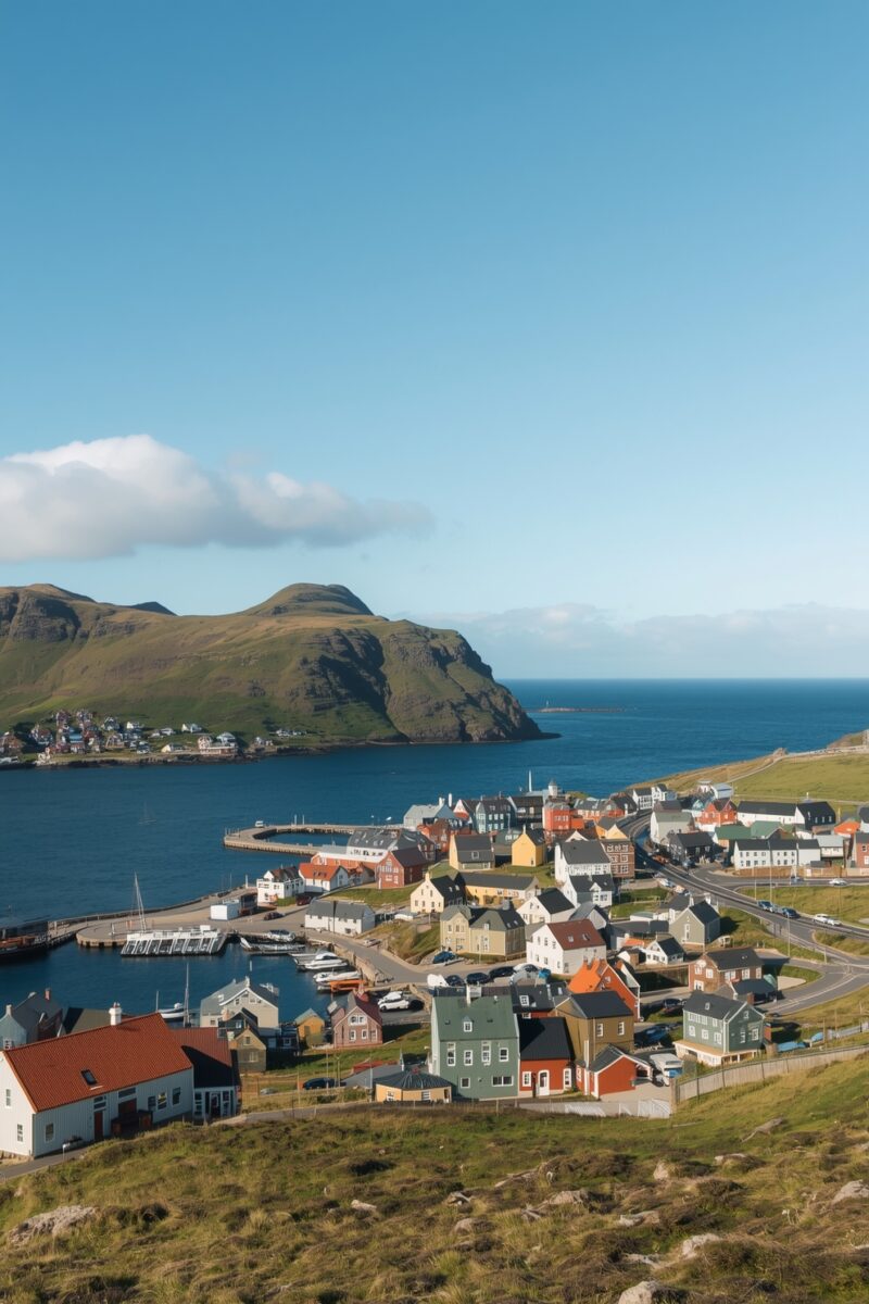 Aerial view of a colorful Nordic coastal village with harbor, boats, and green hillside overlooking a calm blue fjord