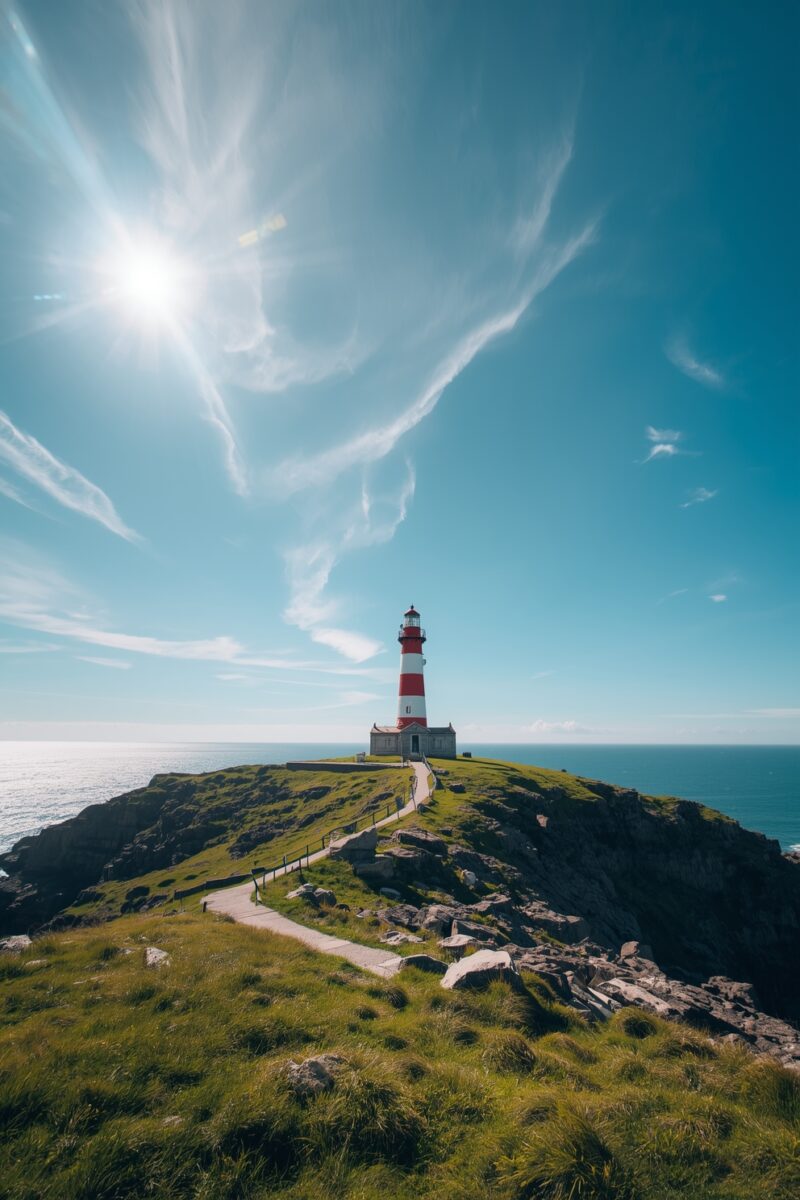 Red and white striped lighthouse on a rocky coastal cliff under a bright blue sky with wispy clouds