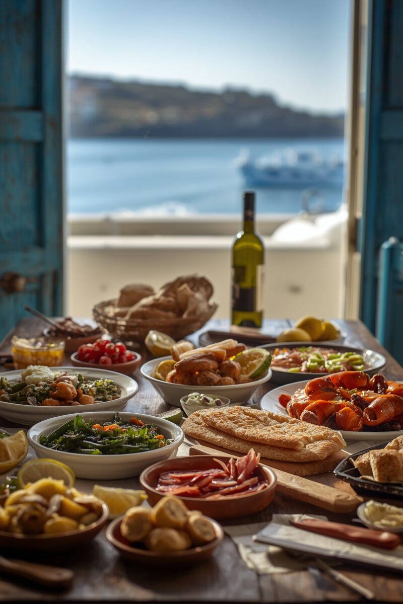 Mediterranean feast spread on rustic wooden table with seafood, flatbread, olives, and vegetables overlooking the sea