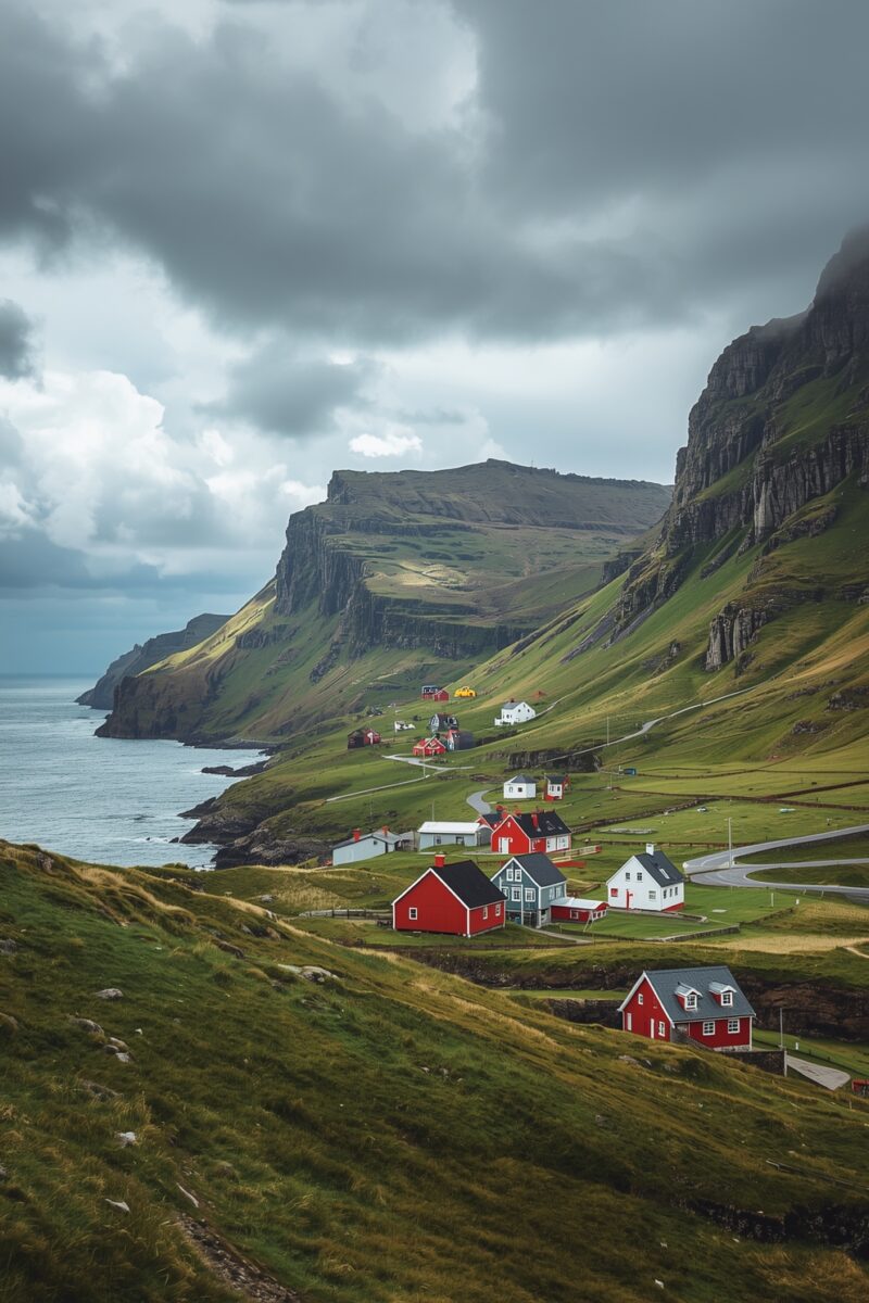 Colorful red and white village houses nestled on green hillsides beside dramatic coastal cliffs under stormy skies