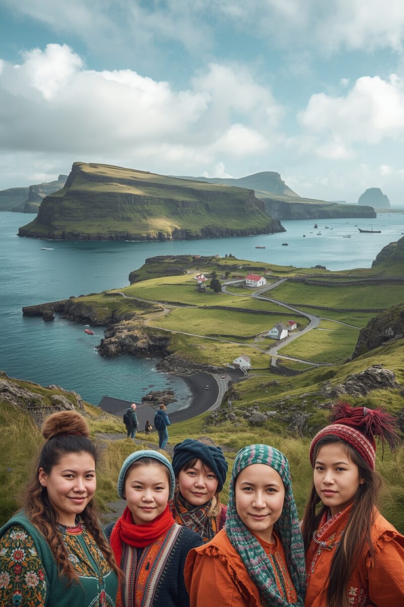 Five women in colorful traditional attire posing on a hilltop overlooking a scenic Faroe Islands coastal landscape