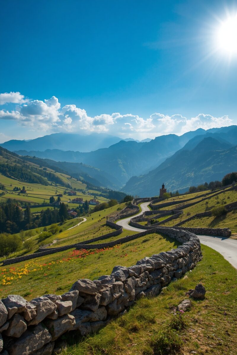 Winding mountain road bordered by dry stone walls overlooking green valley with distant peaks and blue sky