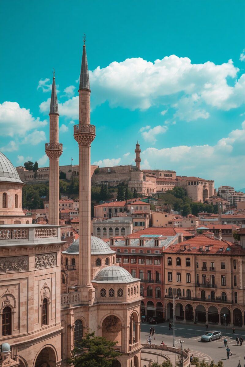 Ottoman mosque with tall minarets overlooking a historic city with a hilltop fortress and red-roofed buildings
