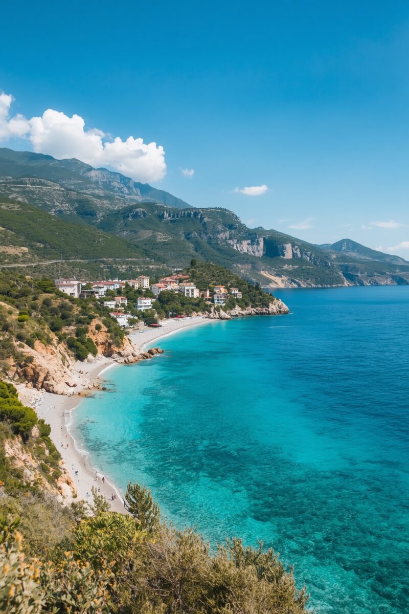 Turquoise Mediterranean coastline with sandy beach, cliffside village, and green mountains under blue sky