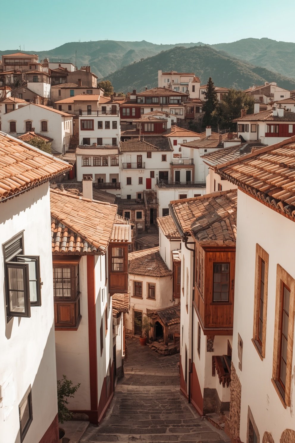 Narrow stone stairway street flanked by white-washed buildings with terracotta roofs in a hillside Mediterranean old town