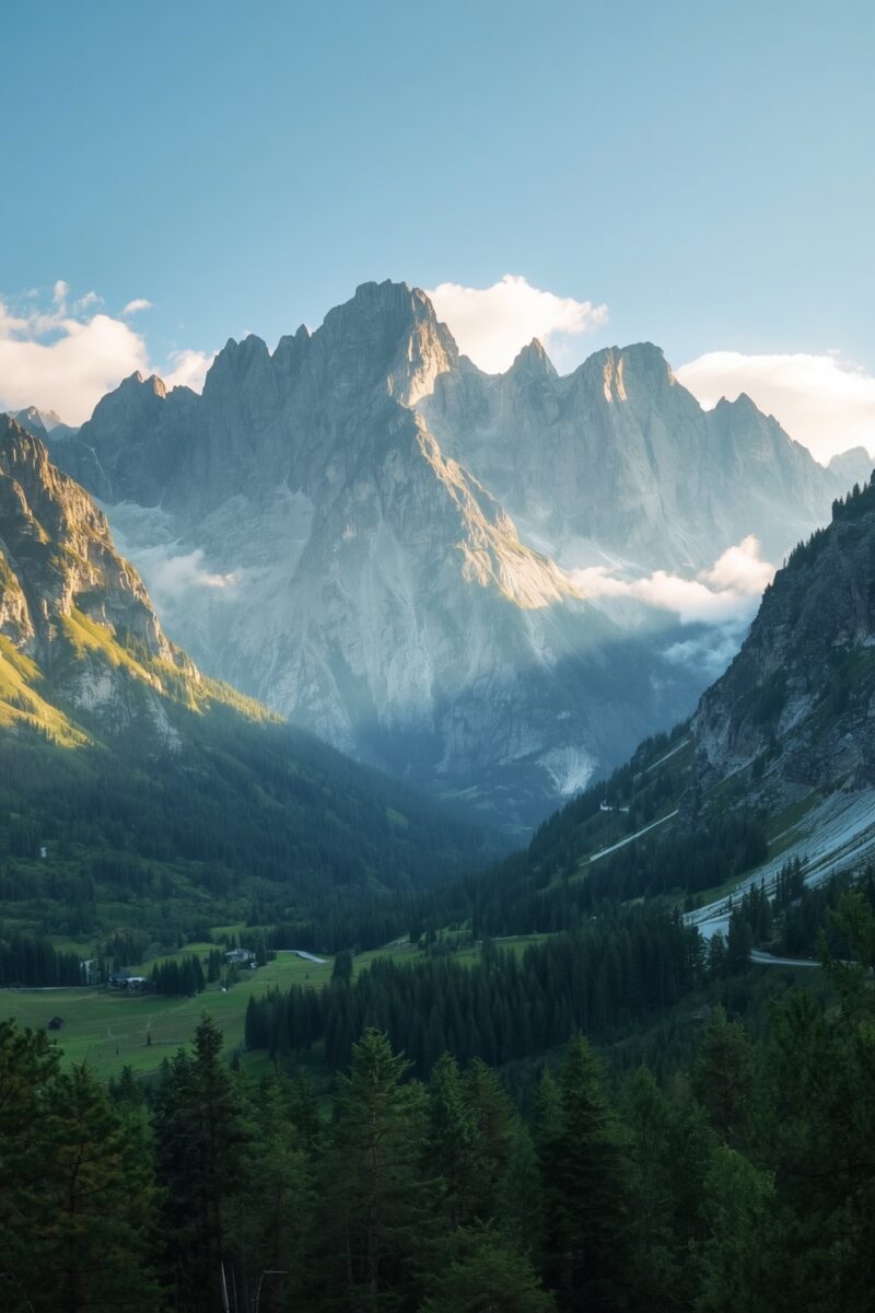 Dramatic Alpine valley with jagged rocky mountain peaks, misty clouds, green meadows, and dense conifer forest