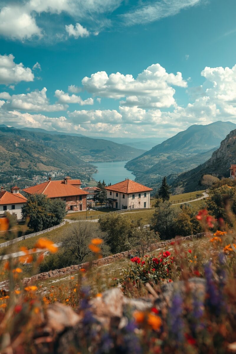 Alpine village with terracotta-roofed stone houses overlooking a mountain lake valley with wildflowers in foreground