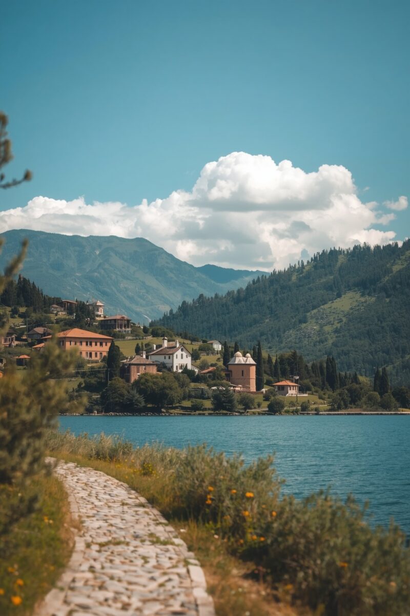 Cobblestone lakeside path with a historic village, domed tower, and forested mountains under a blue sky