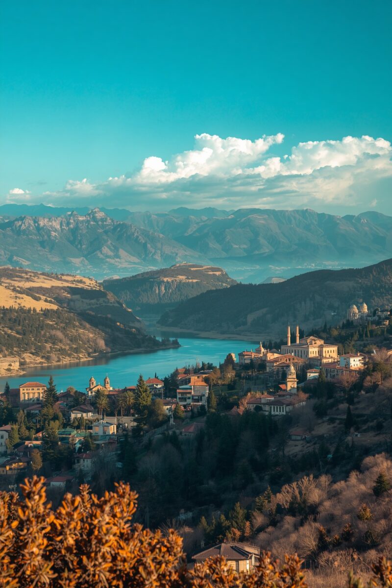 Panoramic view of a hillside town with domed buildings beside a turquoise river, surrounded by mountains under a blue sky