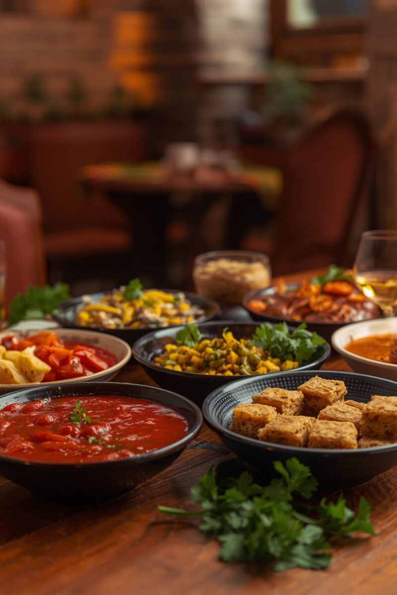 Assorted dishes in dark bowls on wooden table including tomato sauce, corn salsa, fried tofu cubes, and roasted vegetables