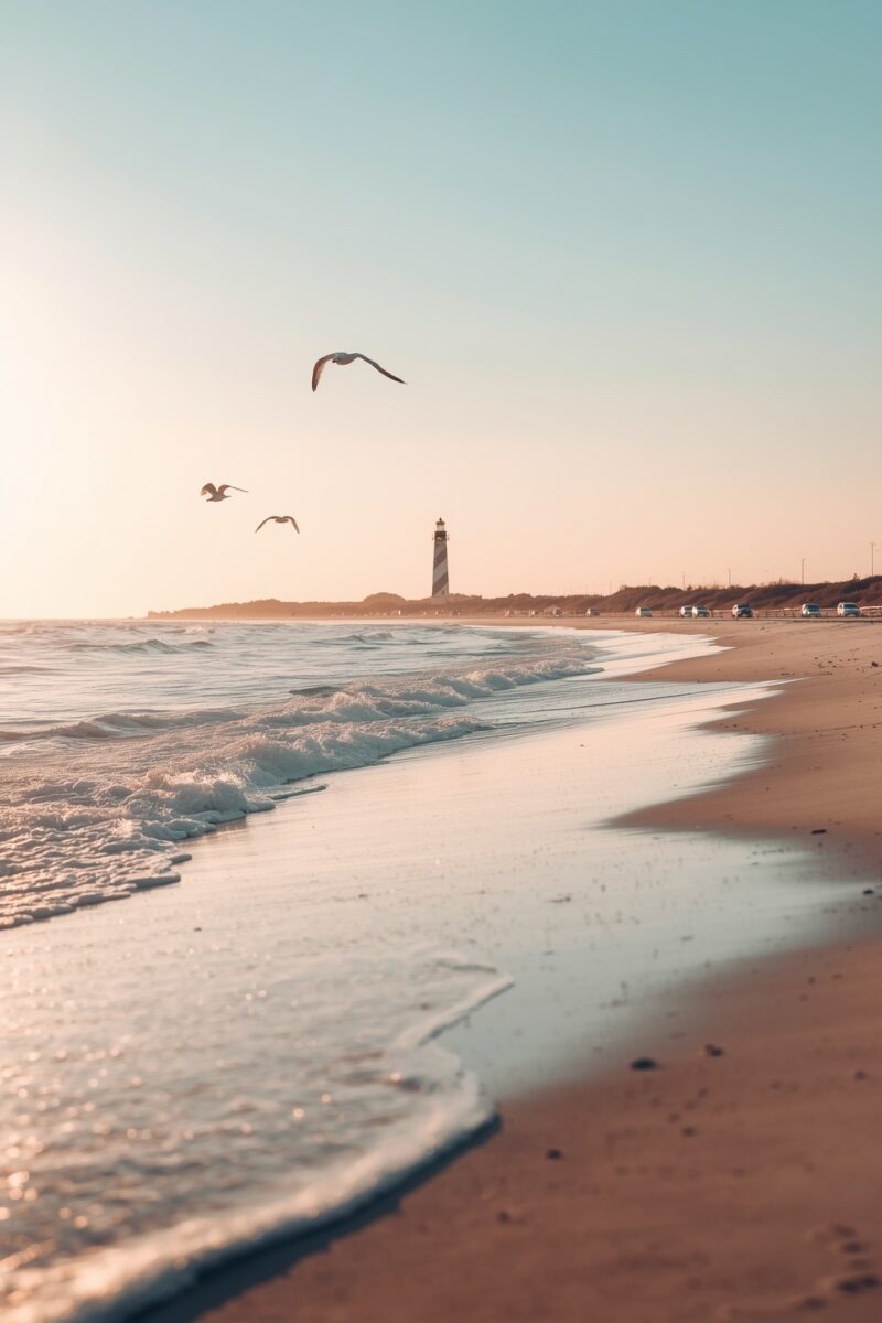 Sandy beach at golden hour with three seagulls in flight, gentle waves, and a striped lighthouse in the distance