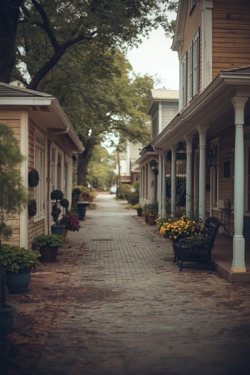 Charming cobblestone alleyway lined with wooden buildings, potted flowers, and a bench under large shade trees