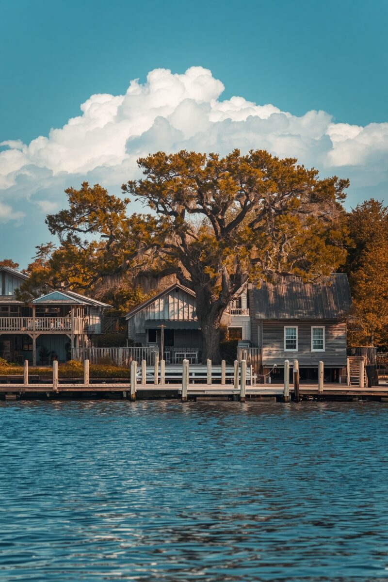 Waterfront cottages with wooden dock, large live oak tree, and dramatic cumulus clouds over calm blue water